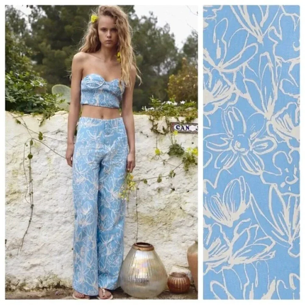 New Zara Full Length Floral Linen Blend High Waisted Blue/White Pants NWT Small